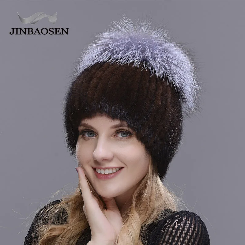 COLOR2 JINBAOSEN горячая Распродажа модные зимние теплые женские вязаные шапки норковые шапки с лисьим мехом вертикальный тканый Топ - Цвет: COLOR2
