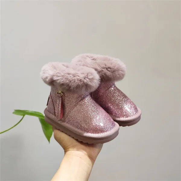 pink boots Зимние детские теплые ботинки Водонепроницаемые Яркие кожаные ботинки для девочек Теплая обувь с густым мехом для малышей европейские 22-25 - Цвет: pink boots