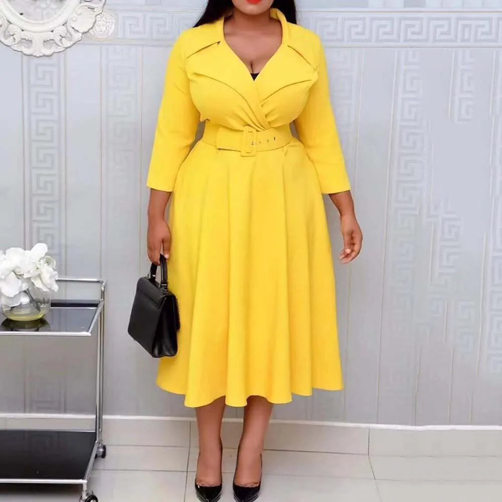 Elegant Office Dress Women African Midi Plus Size Belt Plain A Line Dresses Yellow Party Robe Vintage Maxi Vestido 3XL | Женская одежда