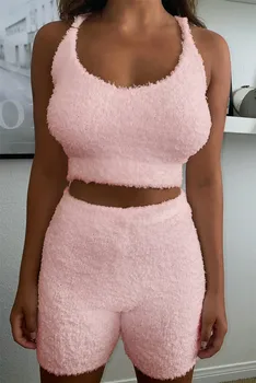 

Two Piece Fluffy Pajama Sets Women Halter Backless Bralette Crop Top Bodycon Mini Shorts Trousers Set Underwear Homewear 2020