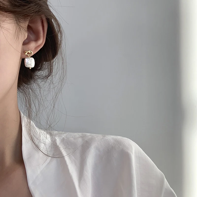 INKDEW Korea Design Metal Gold Drop Earrings Baroque Irregular Circle Square Natural Freshwater Pearl Earrings for Women Girls