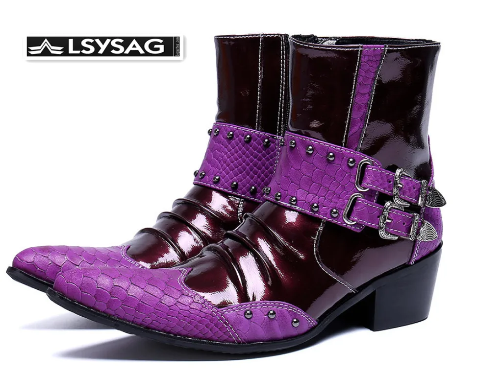 

Genuine Leather Men Boots Purple Pointed Toe Ankle Boots Plus Size Rivets Buckle Cowboy Motorcycle Boots