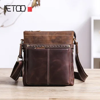 

AETOO One shoulder bag, men's leather casual retro handmade bag, vertical crazy horse leather men's oblique cross bag