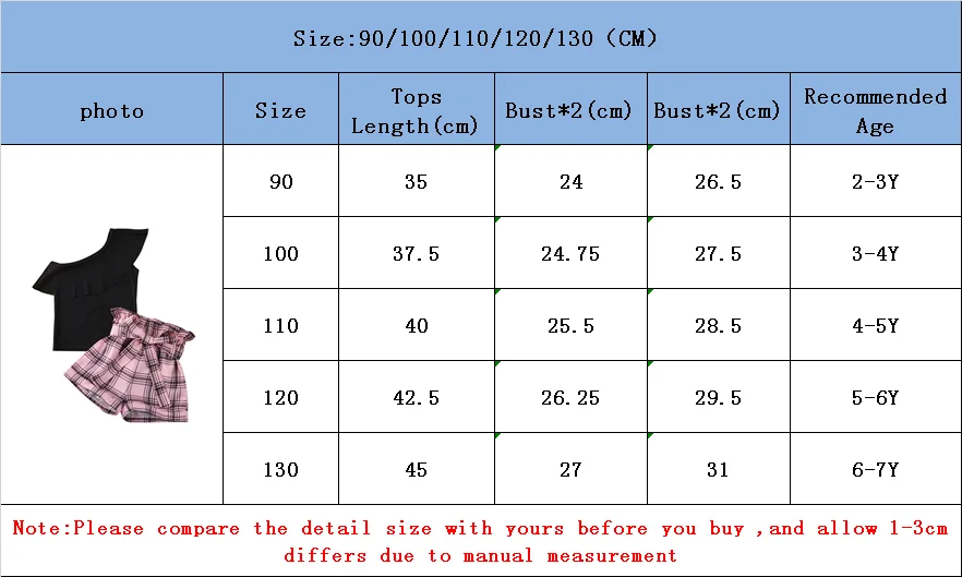 2-7Y Baby Kids Clothes Off Shoulder Ruffle Sleeveless Tops Solid T-Shirt Plaid Bow Shorts 2Pcs Summer Outfit Set