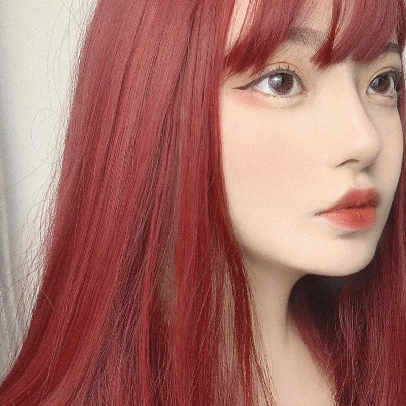 3 Colors Harajuku Lolita Wig Women Red Mint Green Black Long Straight Hair Fringe Bangs Adult Chic Girls Cosplay Daily Wear |