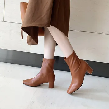 

Royesic Leather Sheepskin Martin Boots Platform British Style Zipper Square Toe Flat Single Boot Ankle Boots