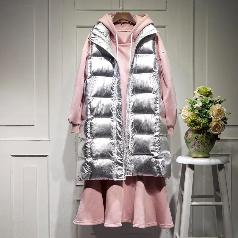 

Women Long Vest Jacket Solid Women Warm Gold Silver Shiny Waistcoat Streetwear Vest Coat 2019 Cotton Winter Outerwear