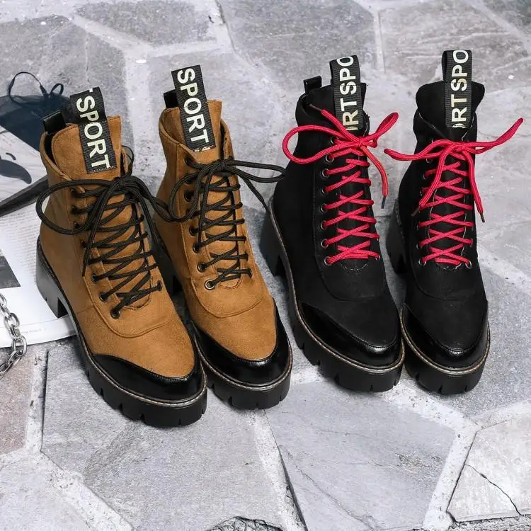 

Women Shoes Fashion 2019 Winter Martin Boots Color Panel Muffin Bottom Round-Toe Casual Ankle Lace-Up Boots Flock Women Boots