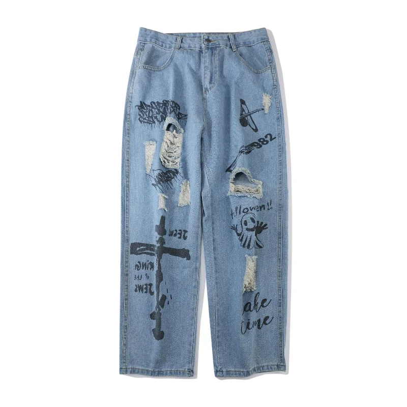 Ripped Men Jeans Vintage Loose Straight Pants Fashion Printed Wide Leg Korean Hip Hop Trousers Streetwear Male Harajuku Clothing 1