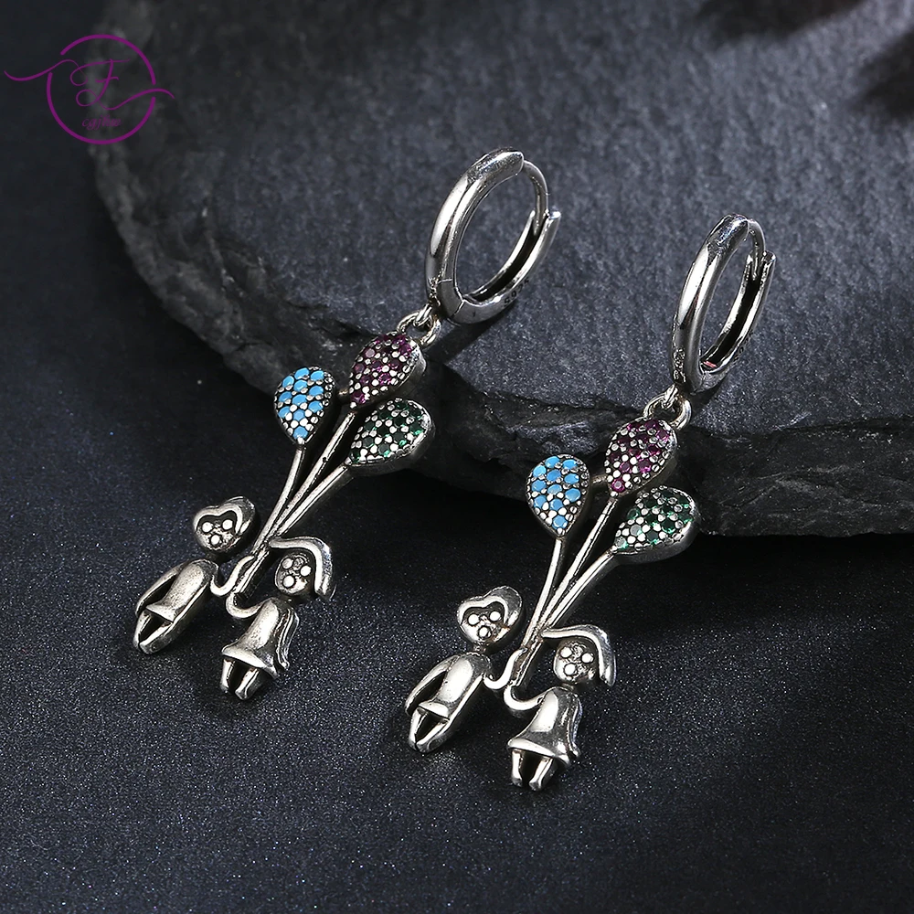 Boy Girl Balloon Drop Earrings Inlaid With Color Zircon 925 Sterling