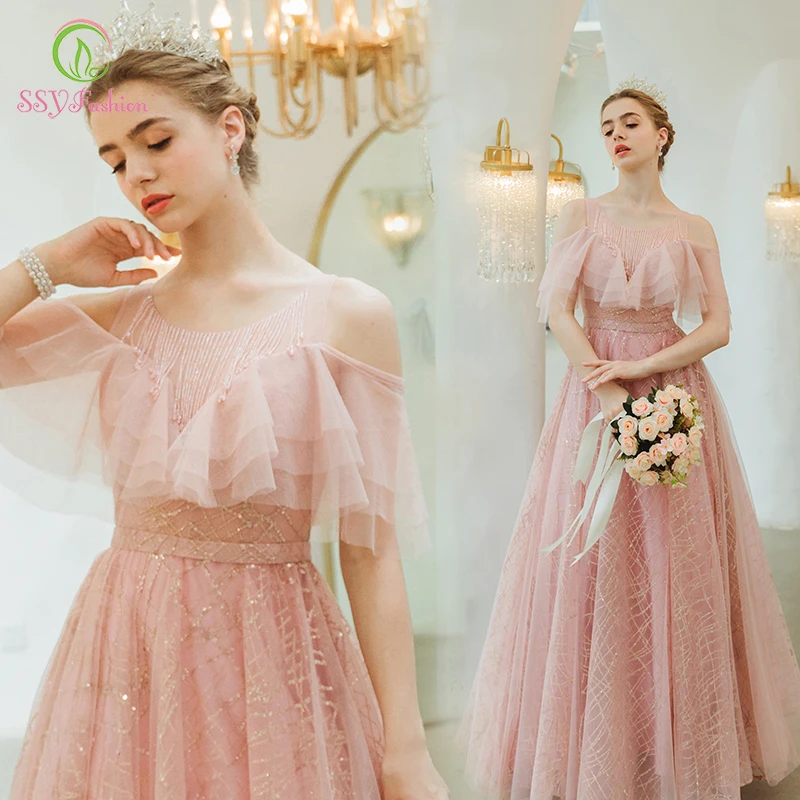 Женское вечернее платье SSYFashion розовое банкетное длиной до пола с блестками и