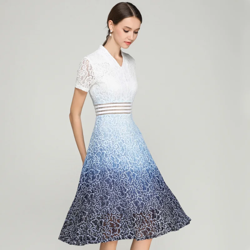 HAMALIEL Vestidos, Летнее белое синее лоскутное кружевное платье, Подиумные женские сексуальные винтажные платья с коротким рукавом и v-образным вырезом