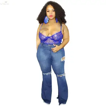 

Plus Size Ripped Jeans For Flare Pants Women Skinny Casual Hole Denim Wide Leg Pants Elegant Bodycon Jean Club Bell Bottom Pants