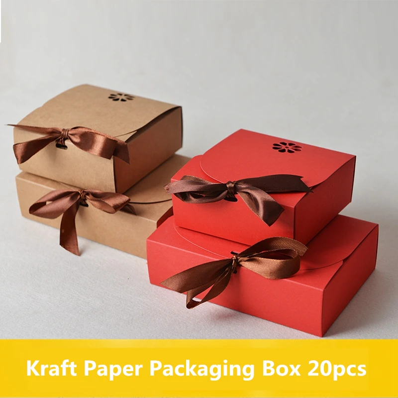 

20pcs Vintage Retro Red/Kraft Mini Kraft Paper Box, DIY Wedding Favor Gift Box, Small Single Cake Box Packaging With Ribbon
