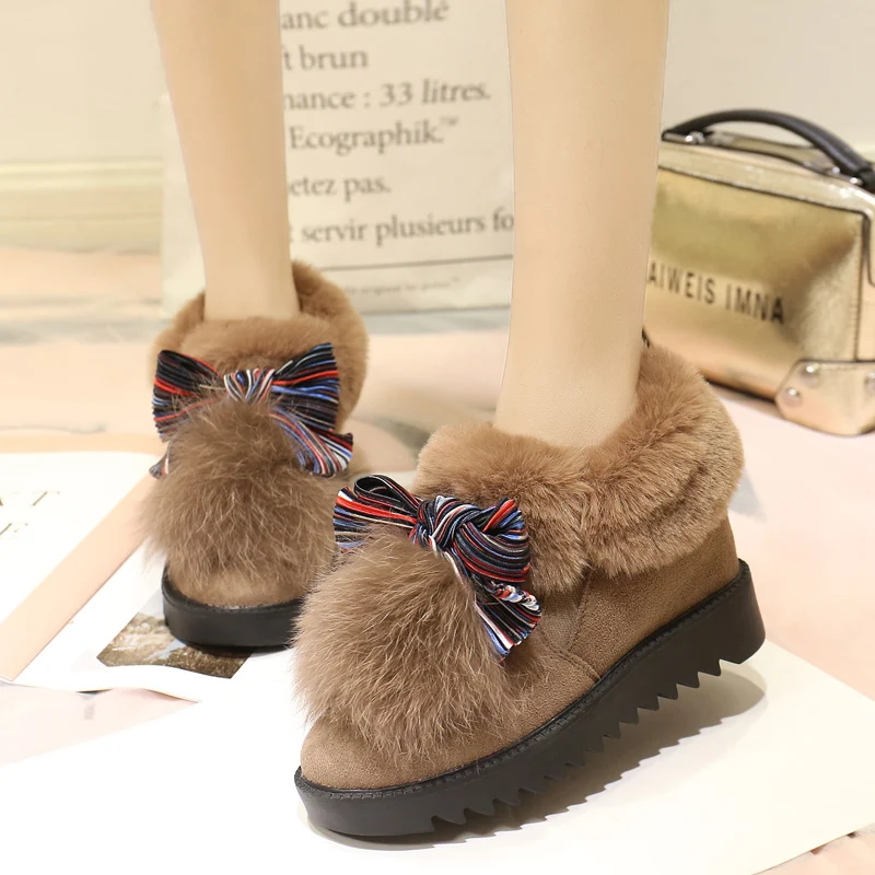 fujin winter boots for women platform wedge heel real fur boots shoes plush warm female booties bow tie fashion Pumps Boots