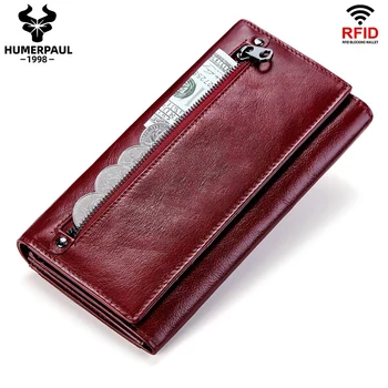 

HUMERPAUL 100% Genuine Leather Women Wallet Coin Purse Long Card Holder Clutch Bag Lady PORTFOLIO Portomonee Red Handy Pocket