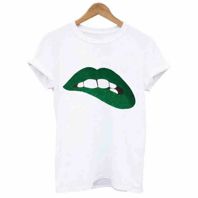 Summer Pretty and Cute Red Lips Print Women T Shirt Summer Casual Short Sleeve O Neck T-shirt Ladies White TShirts