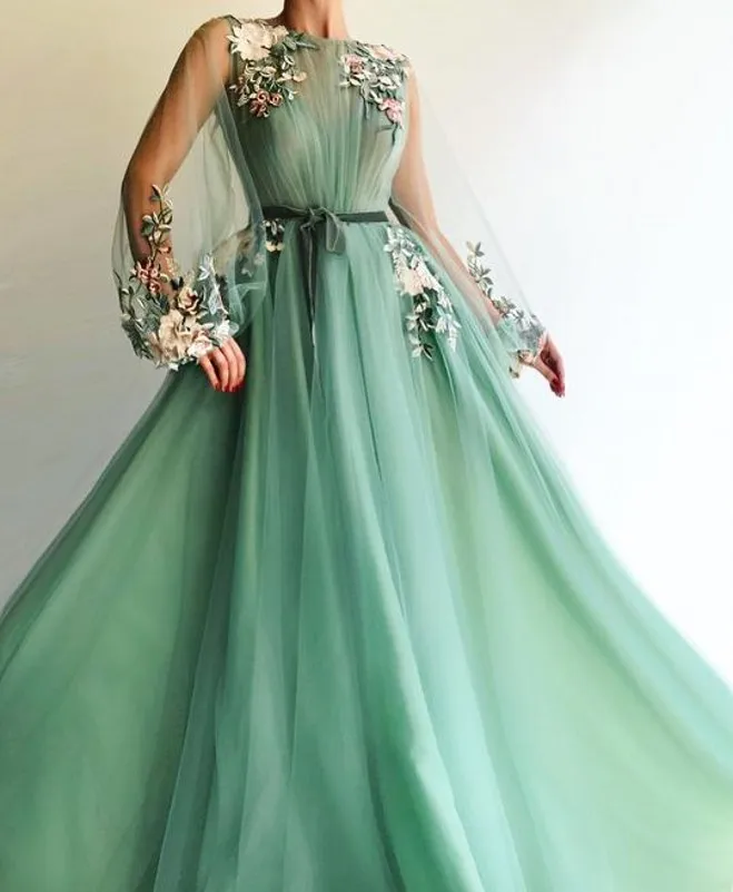 

Illusion Long Sleeve Tulle A-Line Mint Green Prom Dresses 2019 Applique Flowers vestidos de festa longo Formal Evening Dress