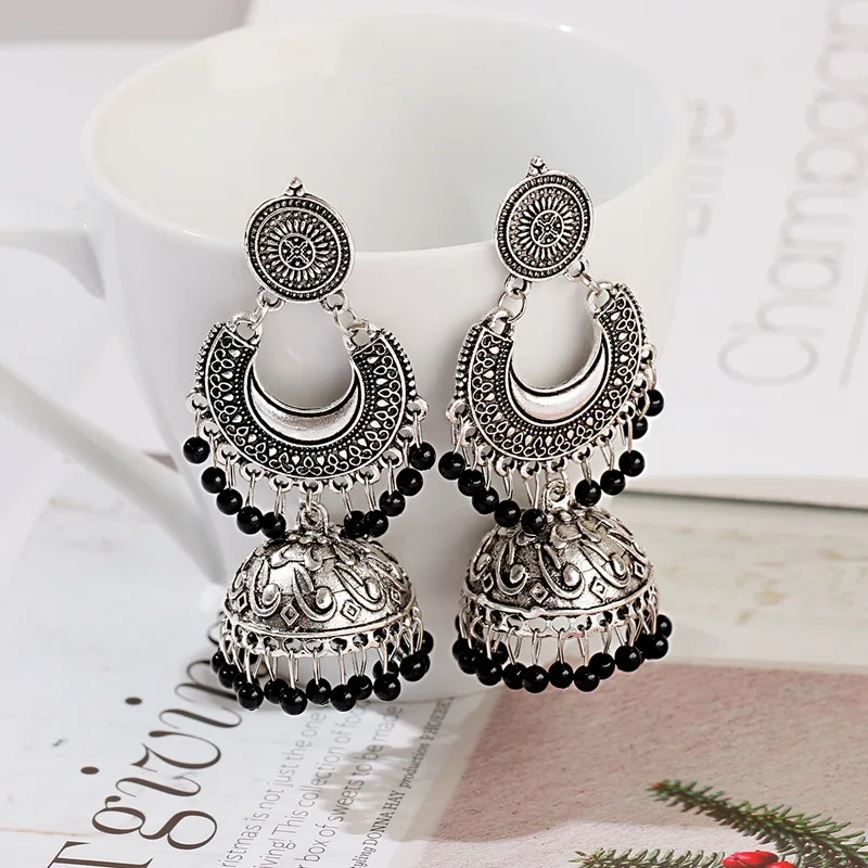Tassel Earrings Turkey Sector Boho Beads Indian Jhumka Silver-Color Retro Vintage Womens