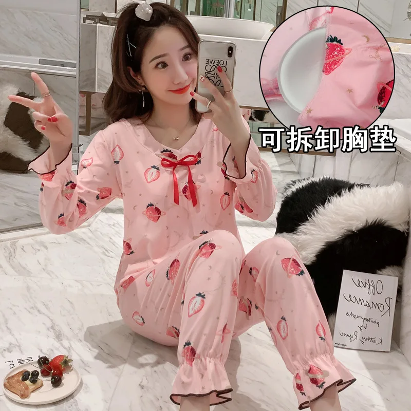 

Long Sleeve Pajamas Women's Thin Qmilch Cartoon Bow Spring And Autumn Tracksuit with Deconstructable Chest Pad Underwear Set