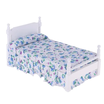 

1:12 Dollhouse Mini Furniture Bedroom Model Wooden Blue Floral Single Bed Children Bed