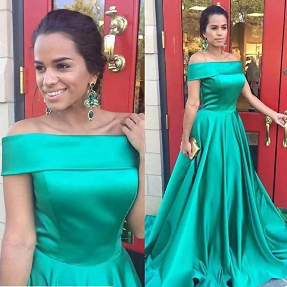 

Boat Neck Sexy Custom Prom Party Dress Green Satin A Line Off-Shoulder Sleeveless Dress Floor-Length Plus Size Formal Gown
