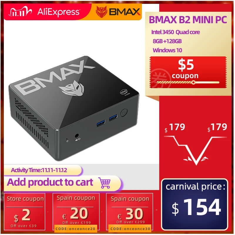 BMAX B2 мини ПК Intel Celeron N3450 4 ядра 8 Гб Оперативная память 128 Встроенная Windows 10 настольный компьютер HDMI USB C|Мини ПК| |