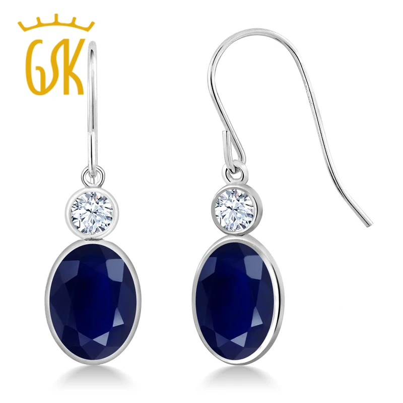 GemStoneKing 14K White Gold Earrings For Women 3.84 Ct Oval Natural Blue Sapphire Created Drop | Украшения и аксессуары