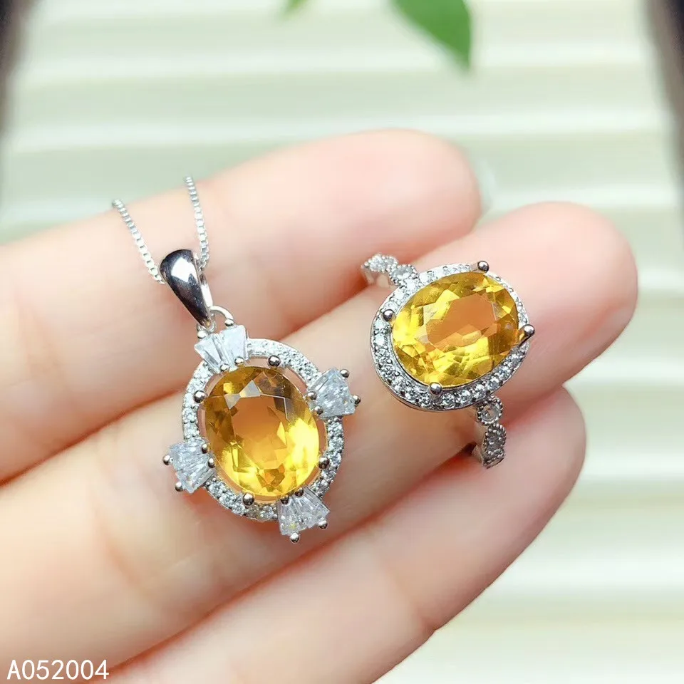 

KJJEAXCMY Fine Jewelry 925 Sterling Silver Inlaid Citrine Female Gemstone Ring Pendant Set Beautiful