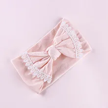 Милая Кружевная вышивка по краям, бант, Детская резинка для волос в европейском и американском стиле, Лидер продаж, нейлоновая широкая повязка на голову для детей