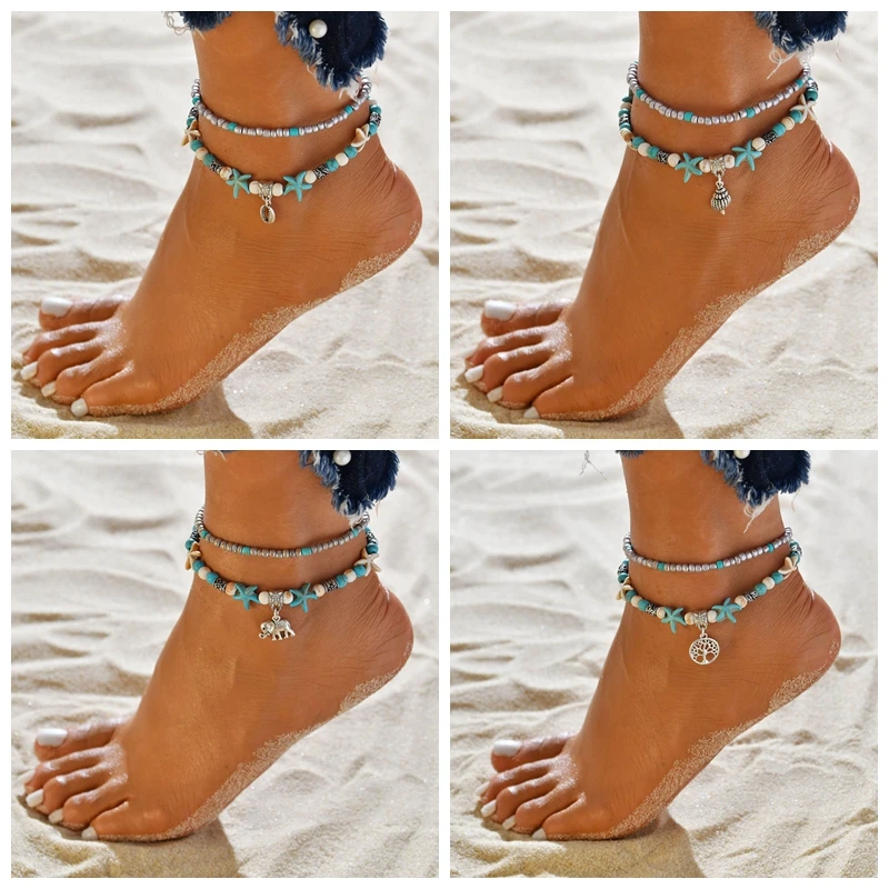 

2019 Summer Starfish Pendant Anklets For Women Beads Shell Bohemian Anklets On Leg Bohemian Bracelets Ocean Jewelry