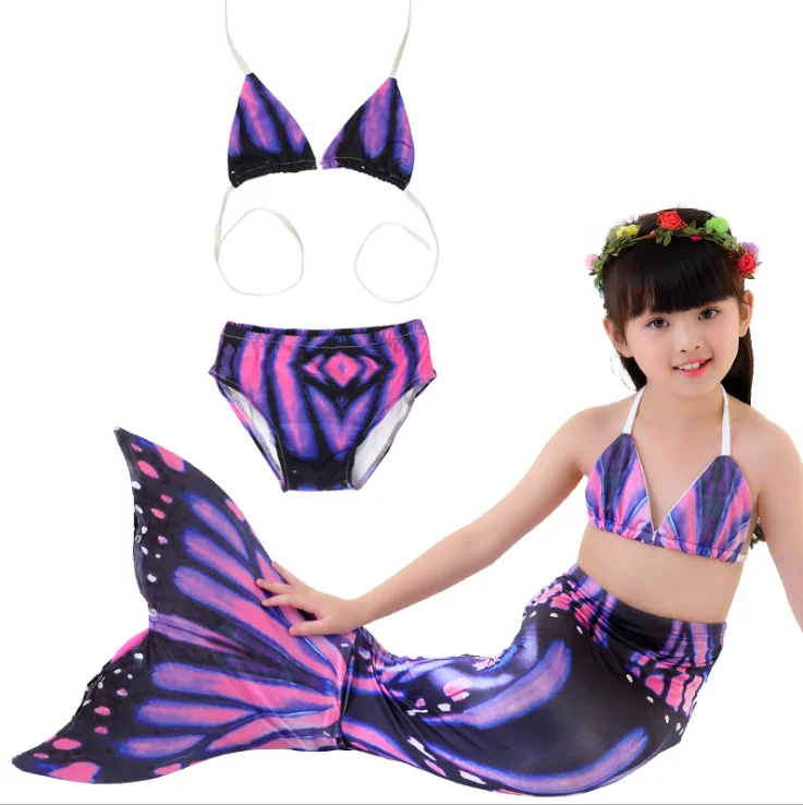 Purple Black Bra Купальный костюм Русалочки для девочек 11 цветов; костюм из 3 предметов для костюмированной вечеринки; Детский костюм с хвостом Русалочки Ариэль; детский купальник - Цвет: Purple Black Bra