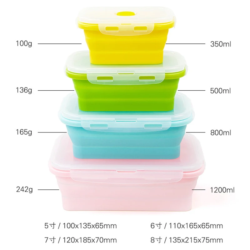 ABSS-4Pcs силиконовый Коробки для обедов складной Портативный коробка чаша бенто Коробки складной Еда контейнер 350/500/800/1200 мл экологически чистые