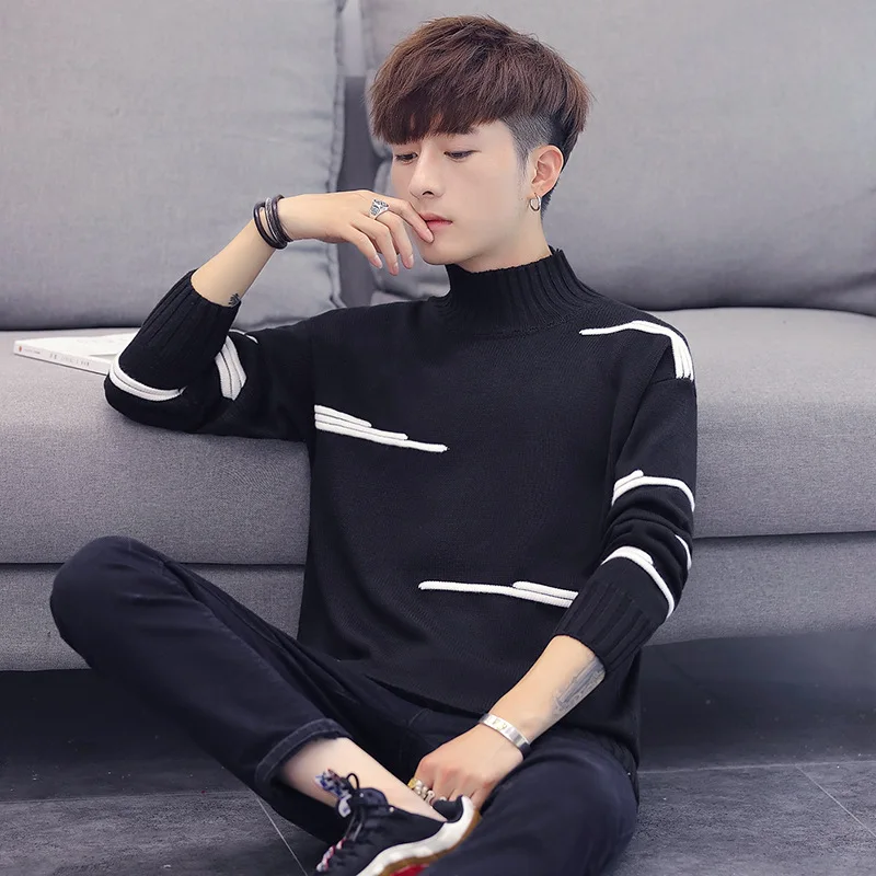 Men Sweaters Half High Collar Fashion Warm Sweater Stripe Casual Turtleneck Sweater Men Pullovers Men Sweater