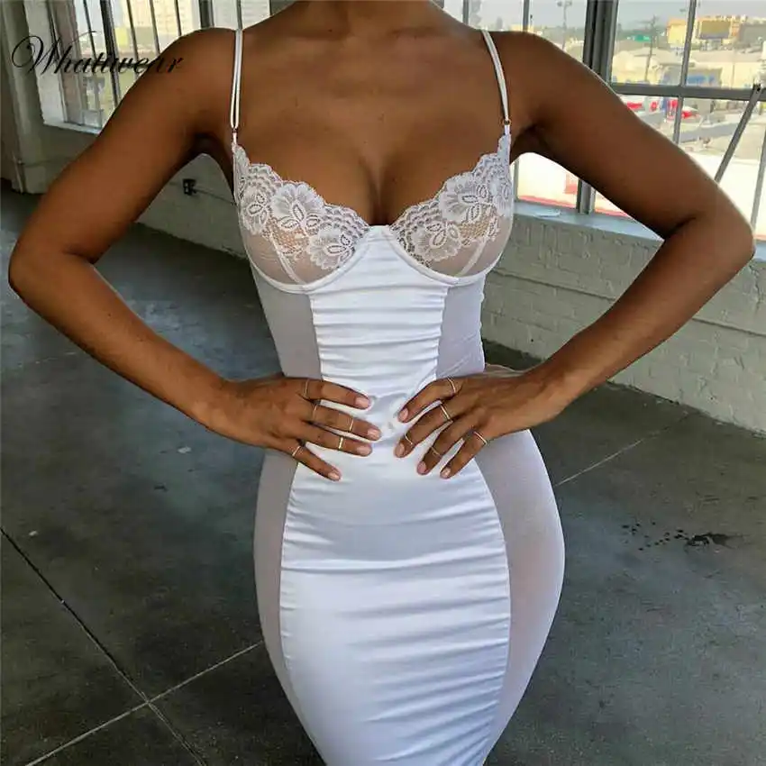 Whatiwear летнее кружевное мини-платье с открытыми плечами вечерние уличные женские вечерние обтягивающие платья без рукавов Vestidos de festa - Цвет: White