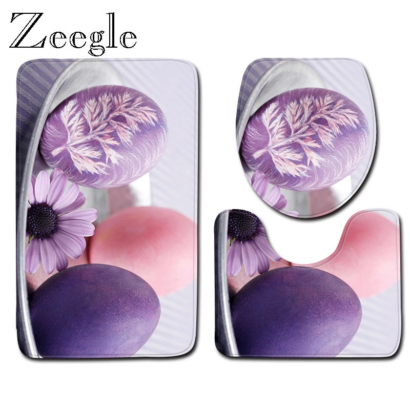 Zeegle Printed Bath Mat Set for Easter Day Home Decor Foot Rug Pedestal Rug Lid Toilet Cover Microfiber Bathroom Entrance Mat