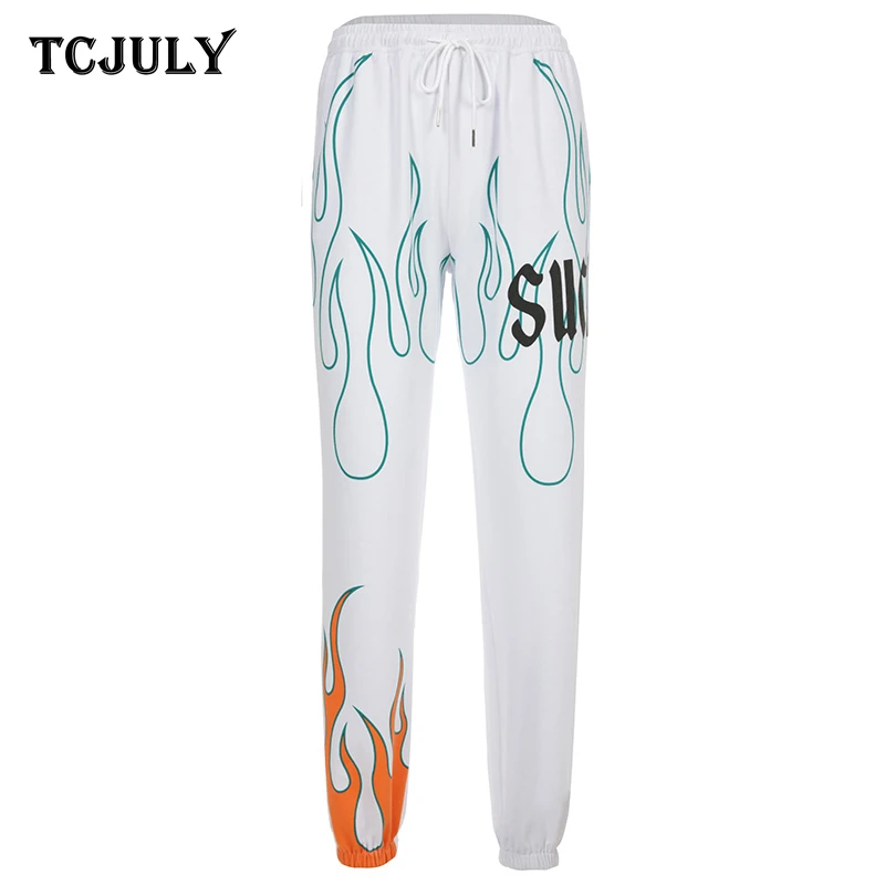 TCJULY Fashionable Flame Letter Printed Harem Pants High Waisted Drawstring Joggers Trousers Women Streetwear Casual White Pants