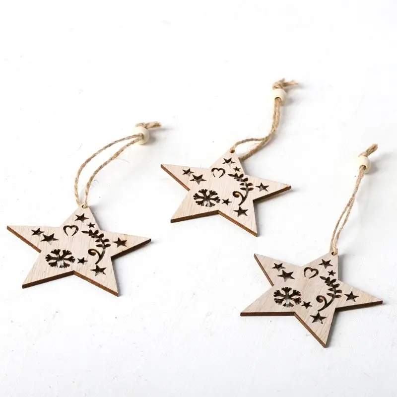 3pcs/set Christmas Tree Star Hanging Pendant with Rope Beads Ornament Wooden DIY Crafts Party Decor Gifts 634E