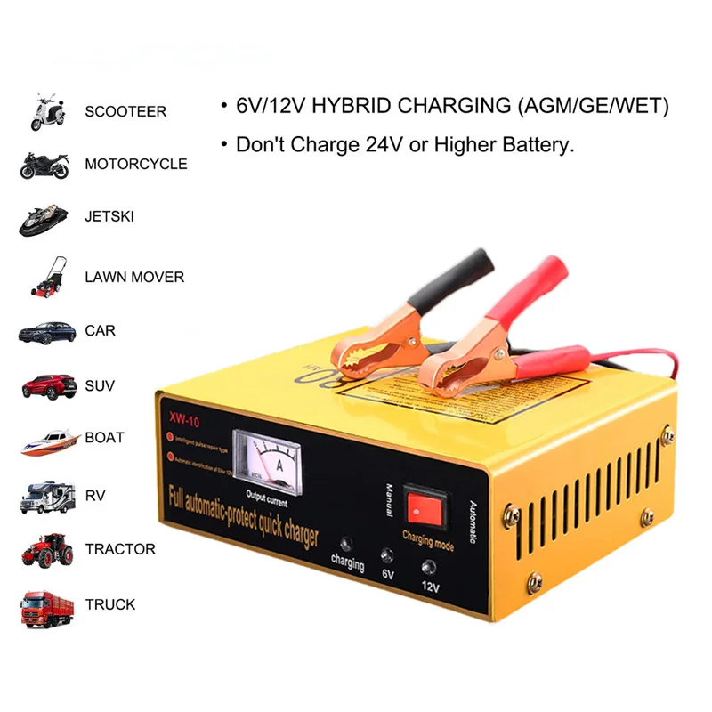 Full Automatic Car Battery Charger 6V 12V Motorcycle Car Intelligent Charger 80AH Auto Smart Fast Pulse Repair Charger