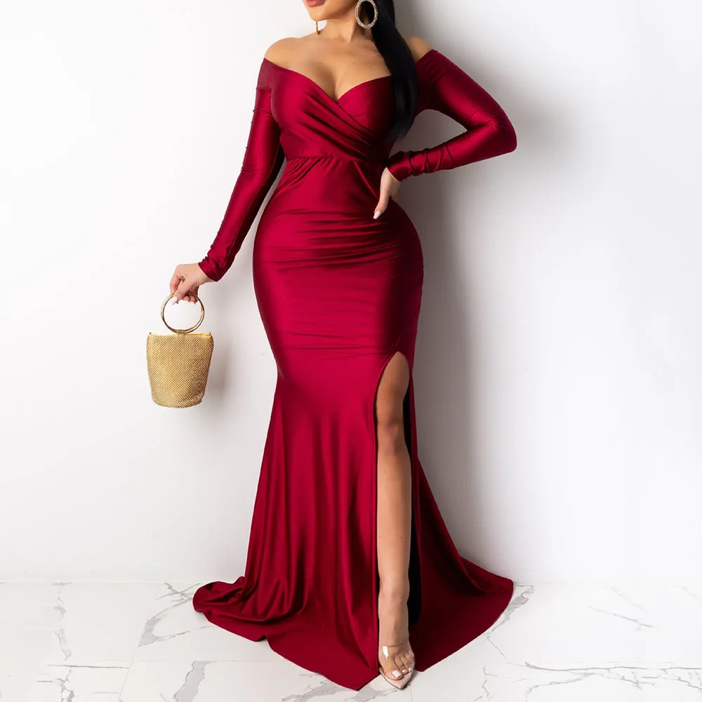 

Sexy Off Shoulder Women Party Dress High Waist V-Neck Long Sleeve High Split Mermaid Dinner Long Dresses Red Vintage Vestidos