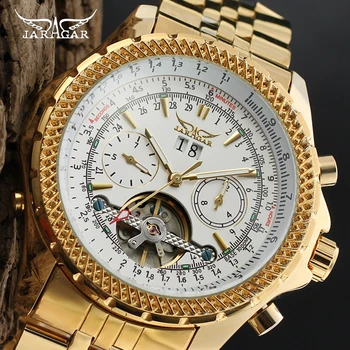 

Jaragar Golden Stainless Steel Tourbillion Design Calendar Display Mens Watches Top Brand Luxury Automatic Mechanical Wristwatch