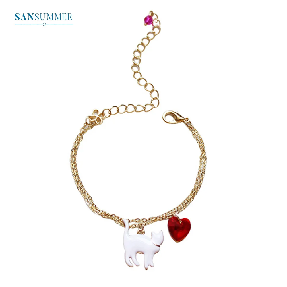 

SANSUMMER Bracelet 2019 Cute Animal Cat Bracelet Red Love Glass Double-layer Bracelet Alloy Combination Bracelet Best Gift 5825