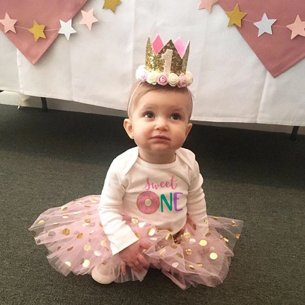 Gold Glitter One Crown Party Dress Outfit BABY GIRL 1ST BIRTHDAY TUTU ROMPER 