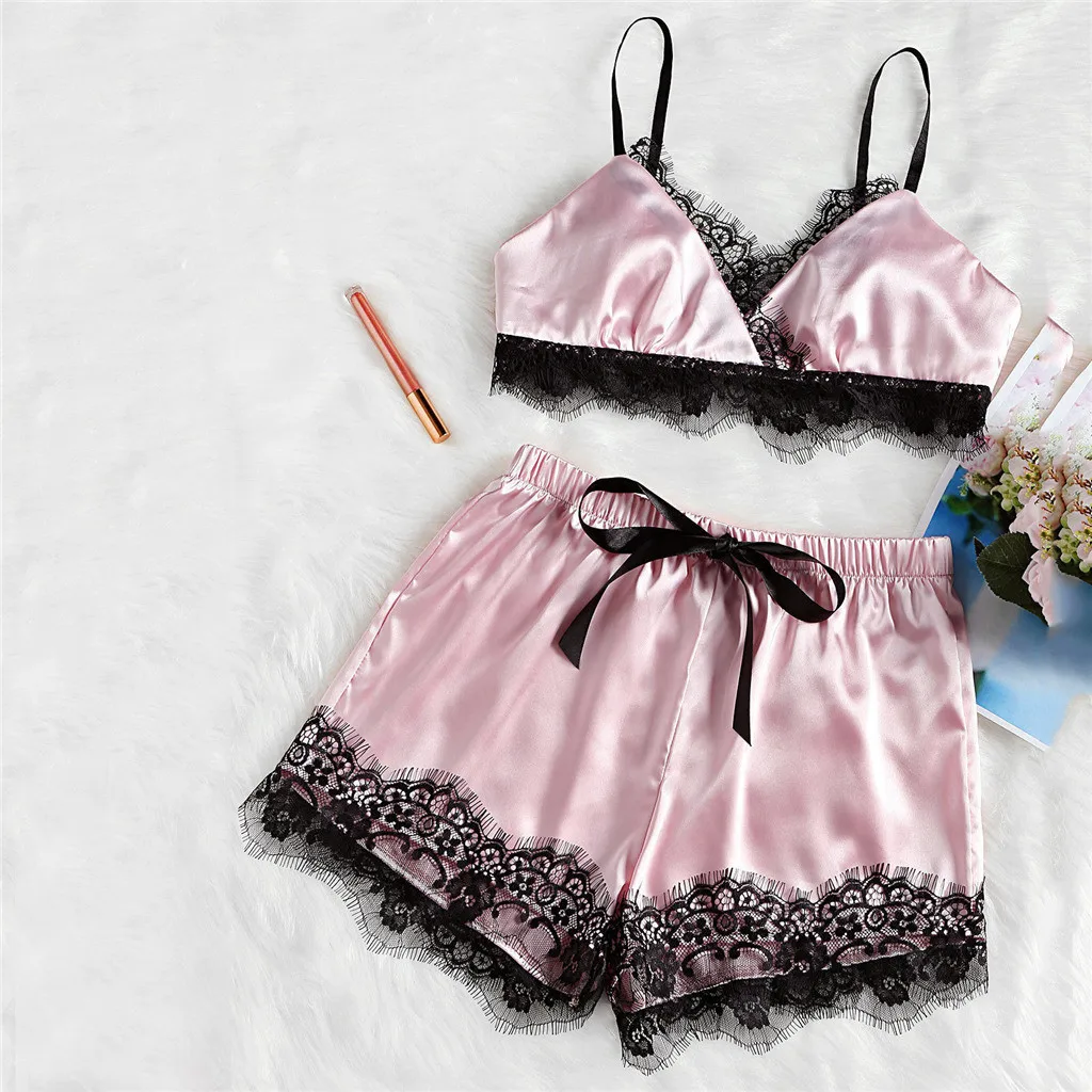 

Sexy Women Sleepwear Plus 3XL Size Ladies Lace Silk Lingerie Sleepwear Cute Bra Crop Tops pyjamas Set Nightwear Nightdress N4