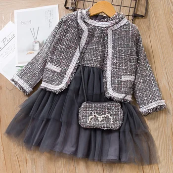 

Baby Girl Dress Autumn Long Sleeve Mesh Kids Dresses With bag Princess Dress Coat Messenger Bag 3 PCS New Fashion Set