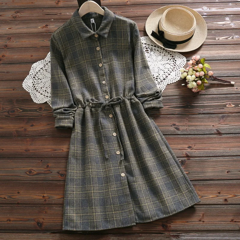 

2018 Autumn And Winter New Style Artistic Retro Plaid Skirt Waist Hugging Woolen Long Sleeve Thick Dress Women's 90235