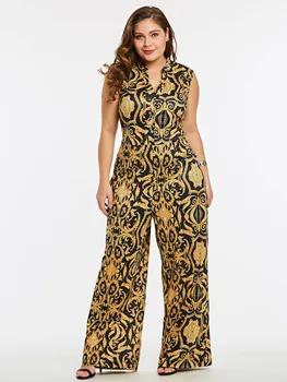 

Jumpsuit Plus Size 4XL Women Slim Wide Legs Geometric Print Button Pocket Office Ladies Female Casual Rompers Playsuits