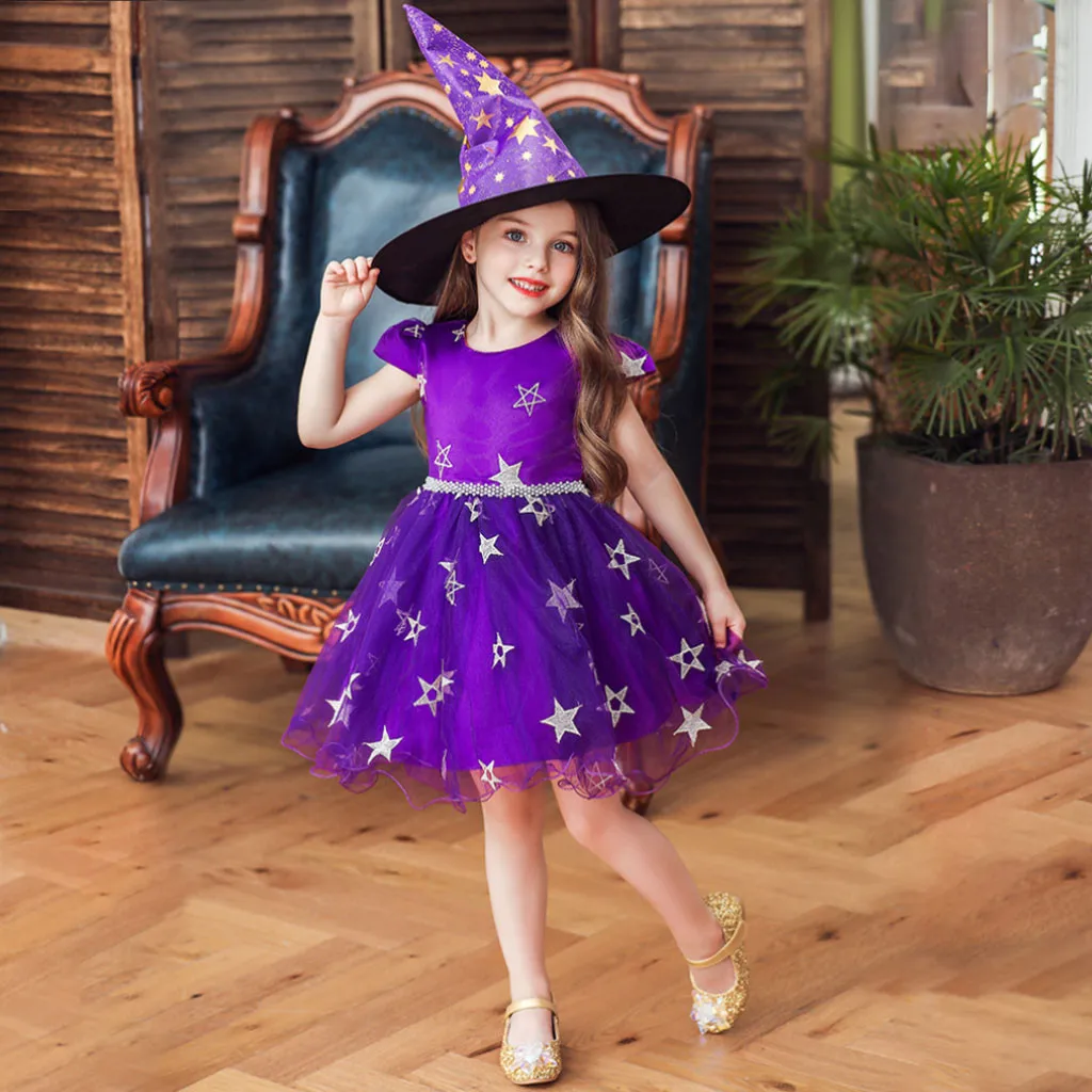 

New Fantasy baby dress Witch Dress Halloween Costume Kids Dresses For Girls Elegant Performance Formal Dress+Hat 104