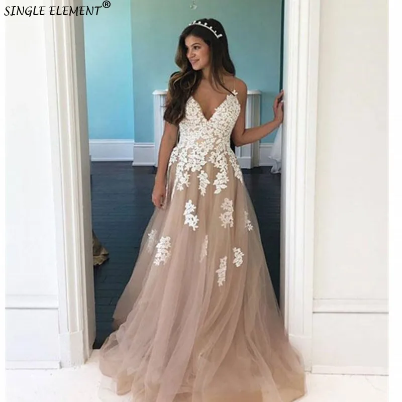 

SINGLE ELEMENT Sweetheart Tulle Lace Up Back Bridal Gown Dubai Style Custom Made Applique Champagne Wedding Dresses