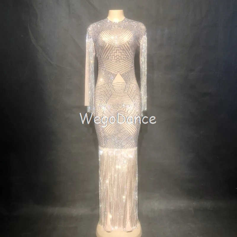 

New Women See Through Sparkly Crystals Chains Mesh Perspective Evening Party Long Dresss Birthday Celebrate Singer Costume
